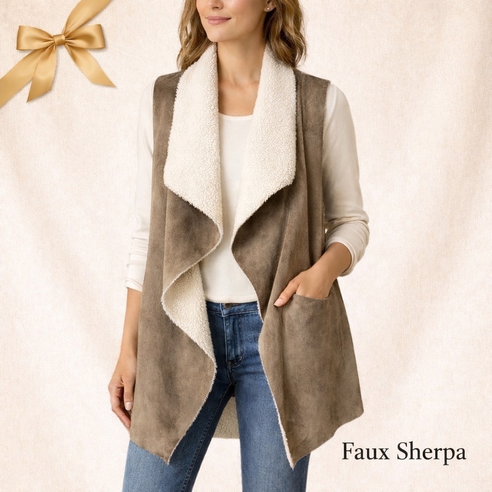 Faux Sherpa Lined Faux Suede Open Front Vest Susina Small